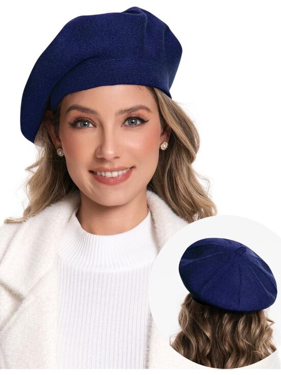 Women\'s French Style Double Layer Warm and Soft Knitted Beanie Hat Navy Blue